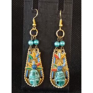 Vintage Egyptian Revival Scarab Earrings Dangle 70s Retro 2.6"